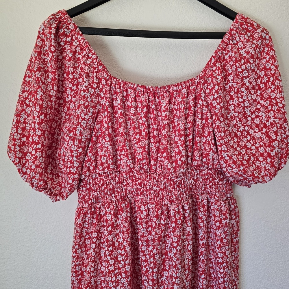 Lauren Conrad Women Sz S Peasant Mini Dress Ditsy Floral Tier Red Boho Tie Front - Picture 7 of 11